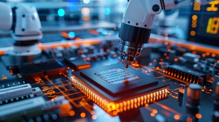 Advanced automated testing equipment in electronics factory, technology automation system checks with copy space, focus on all objects, deep depth of field.