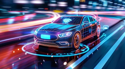 Fototapeta premium Autonomous vehicle detecting obstacles, hazards, driving assistance, navigation solutions, copy space, covering all objects, deep depth of field.