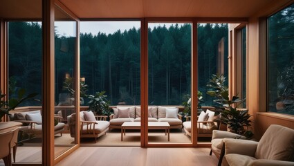 Fototapeta premium Modern Interior Room with Large Glass Window, Small Potted Plants, and Stylish Lamps – Contemporary Home Design and Natural Light Concept