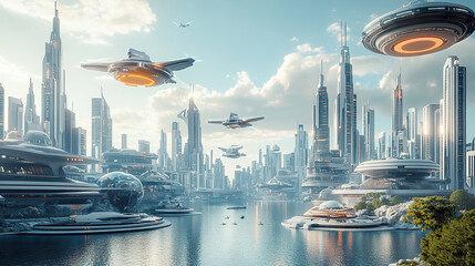 A futuristic cityscape with towering skyscrapers