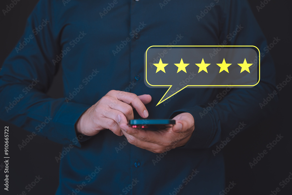 Poster customer use a smartphone give point 5 stars for feedback review satisfaction service opinion and te