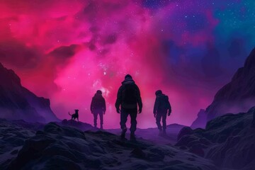 Fototapeta premium Group of explorers with dog, Milky Way, futuristic landscape, holographic details, vibrant colors