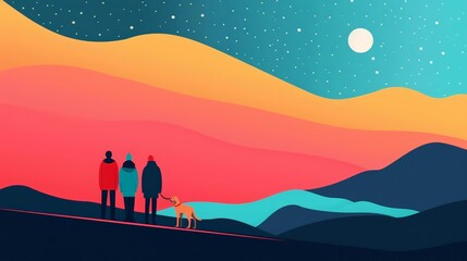 Group of friends with dog, Milky Way, minimalist style, clean lines, cool tones
