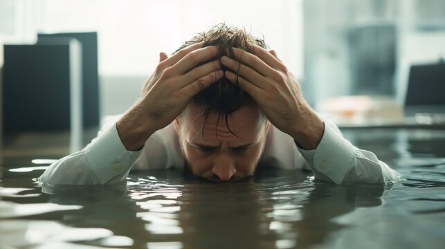 Drowning in Work: A man sits submerged in a flooded office, hands gripping his head in a poignant depiction of workplace stress and overwhelming pressure.