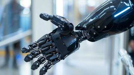 Fototapeta premium Innovative prosthetics tech evaluation, engineering analysis with deep depth of field, copy space, covers all objects