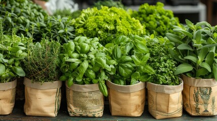 Market display of assorted herbs and plants with copy space, emphasizing depth of field and full coverage of objects.