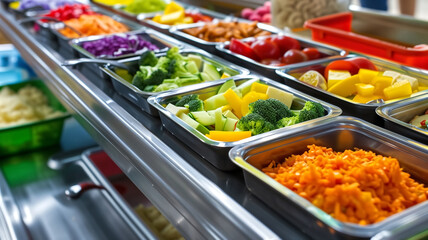 Colorful Fresh Vegetable Salad Bar with Various Healthy Ingredients in Stainless Steel Trays