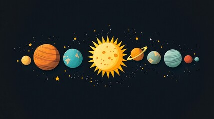 Fototapeta premium Solar System Illustration: A vibrant and playful illustration of the solar system, featuring the sun and its planets in a cartoon style. Perfect for educational materials, children's books