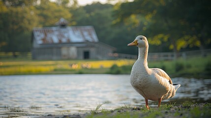Fototapeta premium Duck by Pond with Rustic Barns