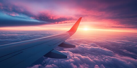 Airplane Wing with Sunset and Clouds