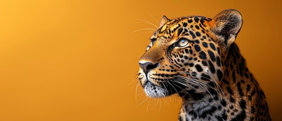 Leopard with a golden trophy, yellow background, poised look