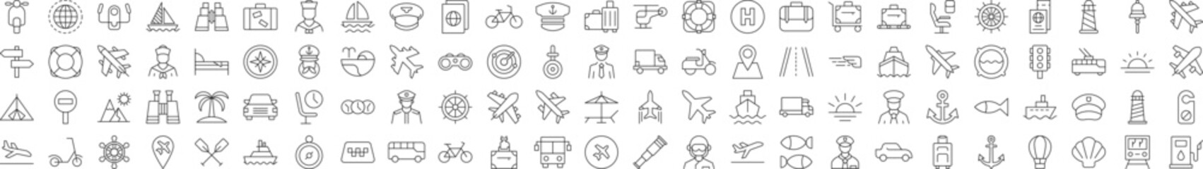 Collection of Icons of tourism, travel, vacation, aviation. Suitable for books, stores, shops. Editable stroke in minimalistic outline style. Symbol for design