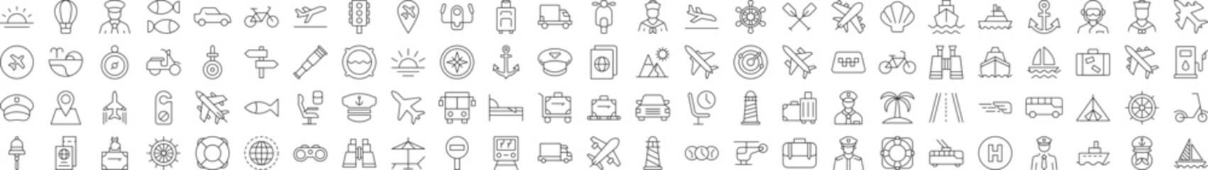 Collection of Line Icons of tourism, travel, vacation, aviation. Suitable for books, stores, shops. Editable stroke in minimalistic outline style. Symbol for design