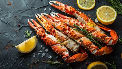 Steamed crab legs with lemon slices and rosemary, dark rustic background, topdown view, vibrant colors