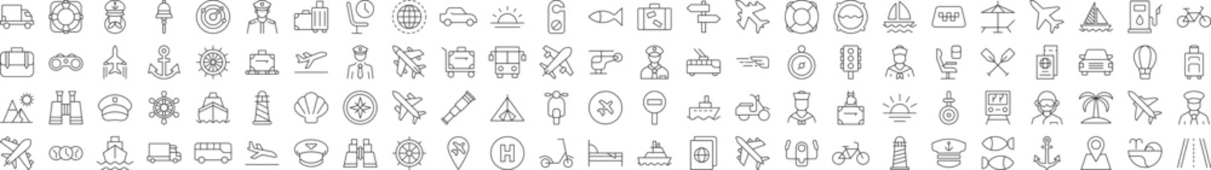 Collection of Line Icons of tourism, travel, vacation, aviation for Adverts. Suitable for books, stores, shops. Editable stroke in minimalistic outline style. Symbol for design