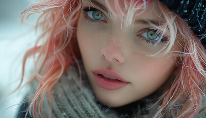 Fototapeta premium Young woman with pastel hair and edgy fashion, portrait, soft lighting, modern and stylish
