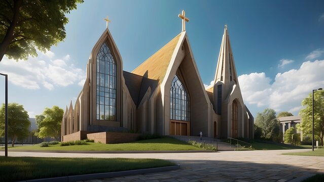 Small church exterior design, moody color theme, real estate church cinematic exterior front elevation of tradional church architectecture