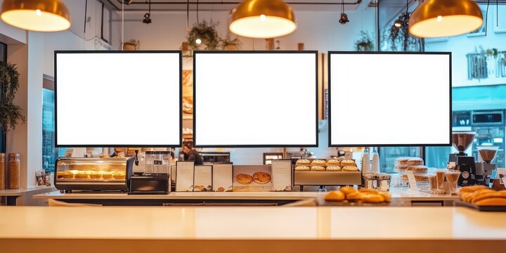 Blank Screens in Modern Cafe Interior,a restaurant with big screen banners,Mock up screen display Restaurant Cafe Menu Food Business, for restaurant marketing, food service industry, digital menu adve