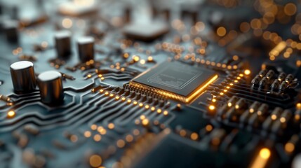 Golden Brain of Technology: A close-up on a futuristic circuit board, its gold pathways and glowing processor hinting at the power and potential of modern computing. 