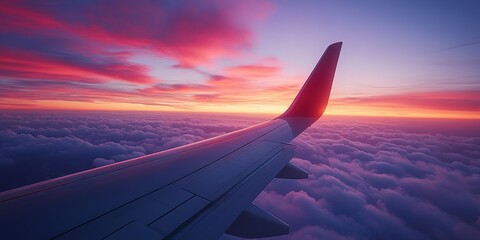 Airplane Wing and Sunset Over Clouds