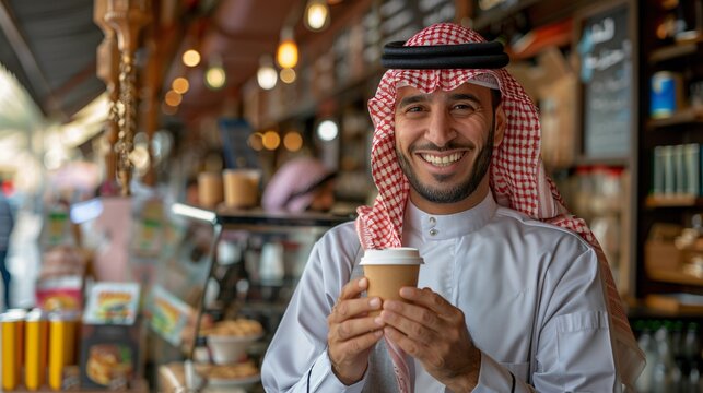 Smiling Man in Traditional Attire with a Coffee Cup - Powered by Adobe