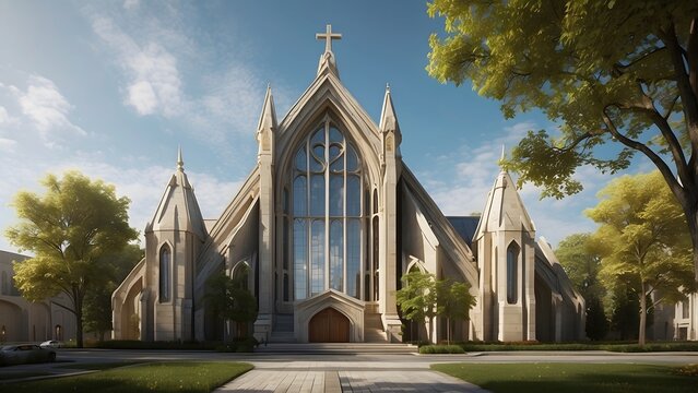 Small church exterior design, moody color theme, real estate church cinematic exterior front elevation of tradional church architectecture
