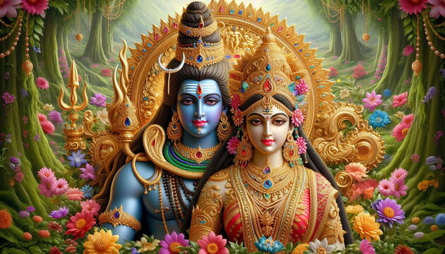 beautiful colorful hindu god lord shiva or sankar,mahadev with goddess parvathy or parvati with flower decoration