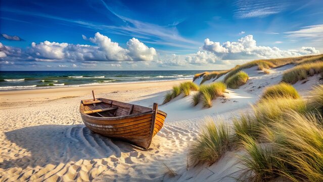 Sandy beach with dunes on the Baltic Sea, featuring an old wooden boat , Baltic Sea, beach, dunes, sandy, coast, old, wooden, boat