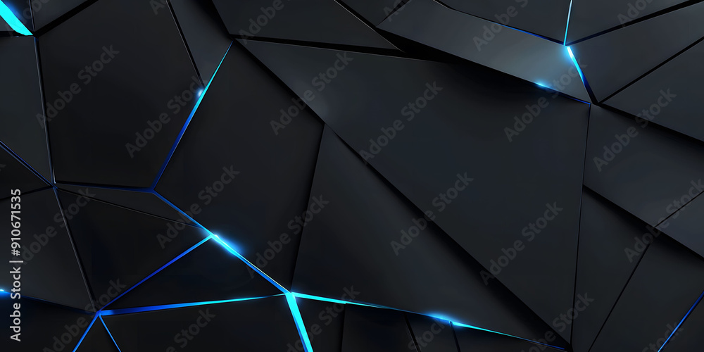 Wall mural Abstract black background with blue glowing neon lines, featuring futuristic geometric shapes and fluid stripes, perfect for technology-inspired designs or high-tech digital art.