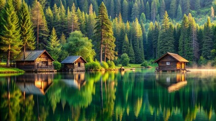 Rustic cabins nestled by a serene lake surrounded by lush trees and a tranquil forest , cabin, water, trees, nature