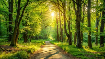 Fototapeta premium Tranquil forest path with sunlight filtering through green trees, perfect for a peaceful nature walk, serene, forest, path