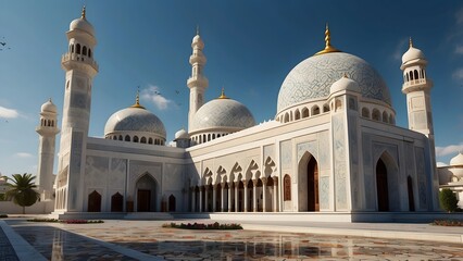 Obraz premium Small mosque exterior design, full white color theme, real estate masjid cinematic exterior front elevation architecture design 