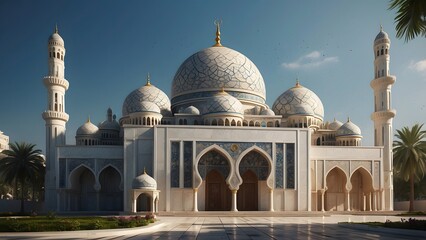 Fototapeta premium Small mosque exterior design, full white color theme, real estate masjid cinematic exterior front elevation architecture design 