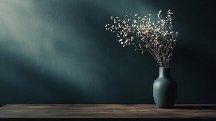 Minimalist black wall background with vase of dried flowers