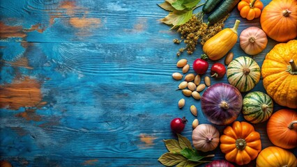 Blue background with fall vegetables like squash and onions, blue, background, fall, vegetables, squash, onions, harvest