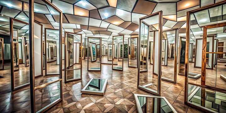Distorted reality reflected in a room of crooked mirrors, illusion, funhouse, reflection, reflections, distorted