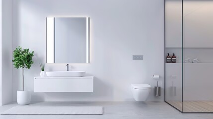 Modern bathroom design featuring a sleek mirror, minimalist sink, and stylish decor for a clean and inviting atmosphere.
