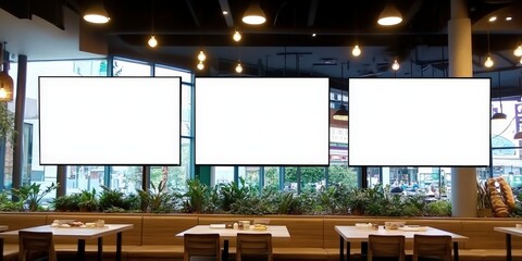 Blank TV Screens in Restaurant Interior,a restaurant with big screen banners,Mock up screen display Restaurant Cafe Menu Food Business, for restaurant marketing, food service industry, digital menu ad