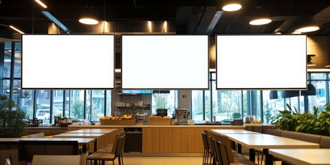 Blank Signage Mockup in Modern Cafe,a restaurant with big screen banners,Mock up screen display Restaurant Cafe Menu Food Business, for restaurant marketing, food service industry, digital menu advert
