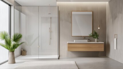 Fototapeta premium Modern bathroom interior featuring sleek design, glass shower, wooden vanity, and natural light for a fresh ambiance.