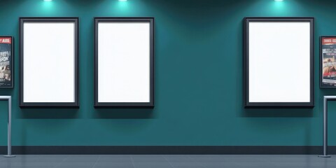 Blank Movie Posters on Teal Wall,Mock up poster movie signs are on the wall, blank billboards for advertising mockups, presenting digital designs, Cinema Now showing movie Poster in Movie theatre