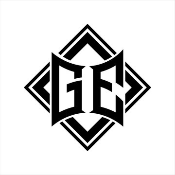 recommend clip art: GE Letter logo with abstract shield shape with square black outline on white background design