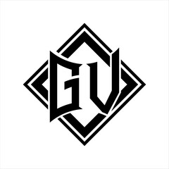 GV Letter logo with abstract shield shape with square black outline on white background design