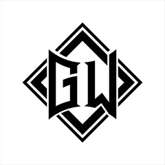 GW Letter logo with abstract shield shape with square black outline on white background design