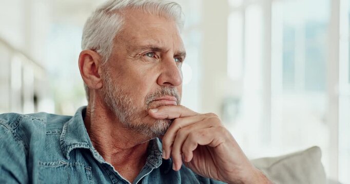 Thinking, nostalgia and senior man on sofa in nursing home with fear, memory loss or overwhelmed by Alzheimer. Remember, nervous or old person in living room with anxiety, dementia or lost in a house