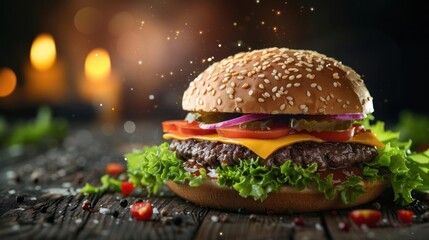 A well-presented hamburger with various ingredients sitting on a rustic wooden table.