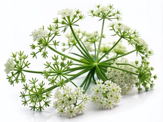 Fresh anise plant with delicate white flowers and feathery green leaves stands upright against a pristine white background, showcasing its intricate details and beauty.