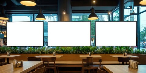 Three Blank Screens in a Modern Restaurant Interior,a restaurant with big screen banners,Mock up screen display Restaurant Cafe Menu Food Business, for restaurant marketing, food service industry, dig