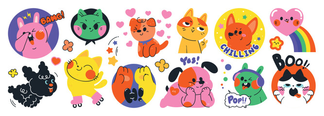 Set of cute pet sticker vector. Lovely cat and dog doodle pattern in different poses and breeds. Adorable funny pet and many characters hand drawn collection for T-shirt, sticker, print, pet shop.