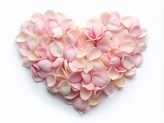 Obraz premium A delicate, symmetrical heart shape, crafted from soft pink petals, rests elegantly on a pure white background, exuding romance and tender sentimentality.